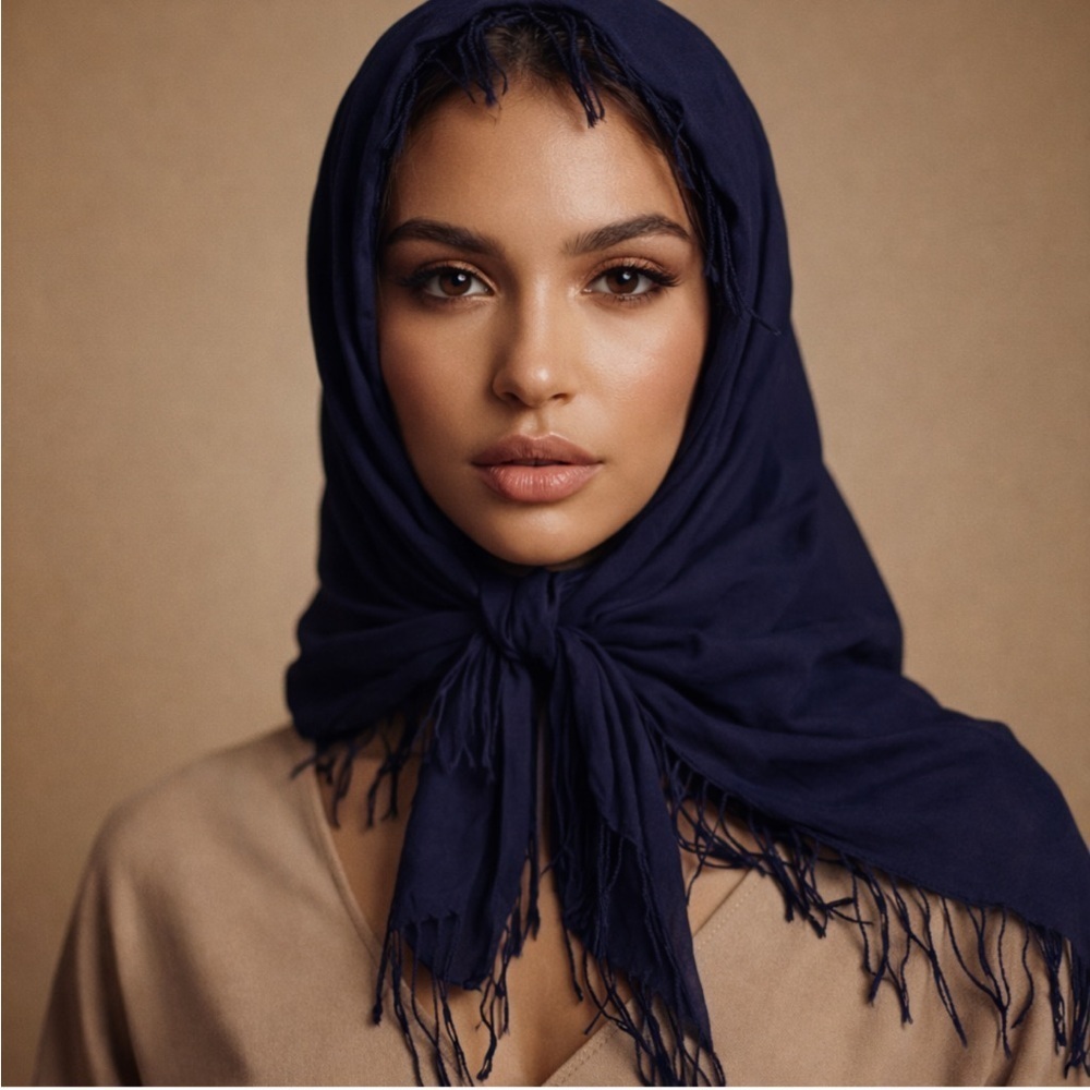 Navy Fringe Headscarf Shawl Wrap | Soft Lightweight Boho Chic Scarf